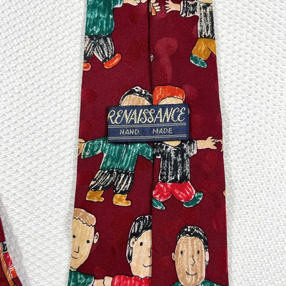 Renaissance‎ Handmade Silk Tie Burgundy Red Children Around the World Novelty